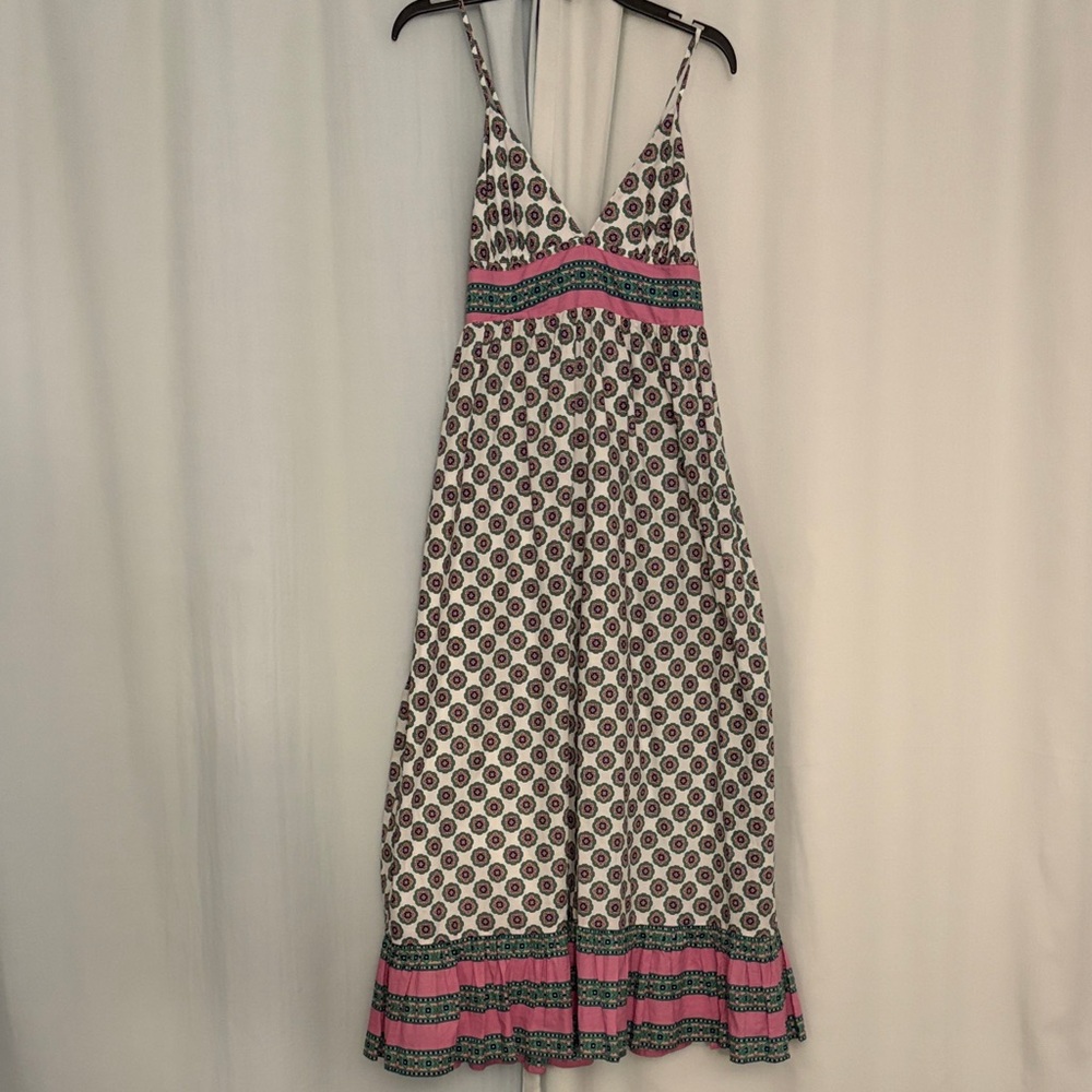 J. Crew White Maxi Dress with Pink and Green Trim
